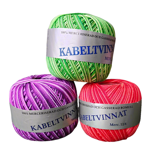 Kabeltvinnat, merceriserad och gasserad bomull 12/6